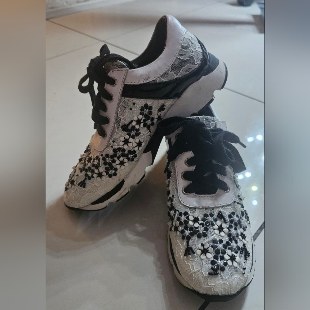 Floral Lace Sneakers with Black Accents